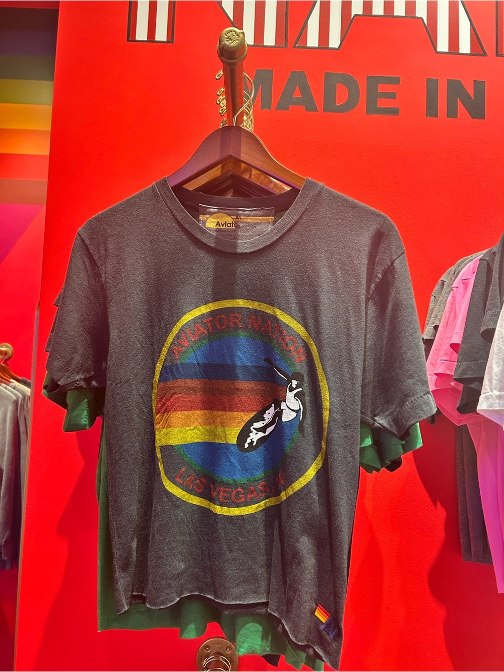Aviator Nation Navy Tee with Multicolor Retro Stripe Emblem - Picture 2 of 11